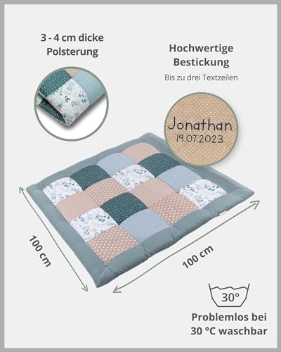 ULLENBOOM Krabbeldecke für Baby mit Namen und Datum, 100% OEKO-TEX Materialien, Eukalyptus 100x100 cm - Spieldecke und p