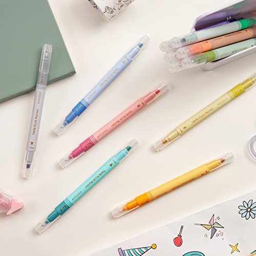 Writech Dual Tip Highlighter Markers: Aesthetic Fine Tip & Chisel Tip Pastel Vintage Marker Highlighters Multicolor Pens Pack No Bleed & Smear For Bible Highlighting Journaling, Assorted Colors 12Ct #TOP6