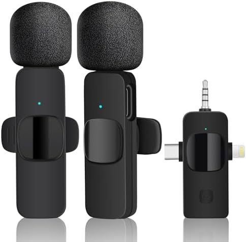 Microphone,Wireless Lavalier for iPhone Android Camera Plug-Play Professional Noise Reduction Condenser Recording Microphones for Interview Video Podcast Vlog YouTube (Three in One)