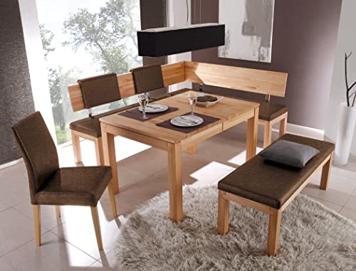 expendio Tischgruppe Ausziehtisch Grover XL 150(250) x90 cm Kernbuche + 2X Bank Calla + Kissen + 1x Stuhl Cordia Bezug Loco Walnut, kurzer Schenkel bei Eckbank:rechts