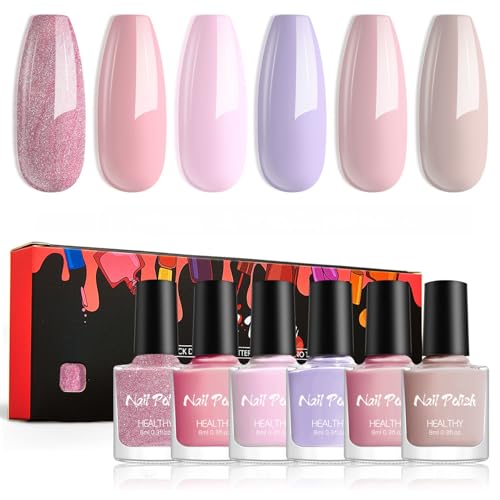 6Pcs Rosa Nagellack Set - Schnelltrocknend Normaler Nagellack mit Glitzer - Natürlicher ungiftiger Lila Nail Polish auf Wasserbasis für Frauen - Keine UV Lampe nötig DIY Geschenk für Frauen Mädchen