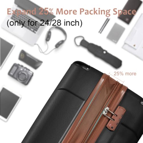 Luggage Set 2 Pieces, Suitcase, Hard Shell ABS, Lightweight Expandable (28 Inches Only) Suitcase, with Double Wheels, Carry-on Luggage, Zipper Compartment, TSA Lock, Set of 2 (20/28), Black-brown4