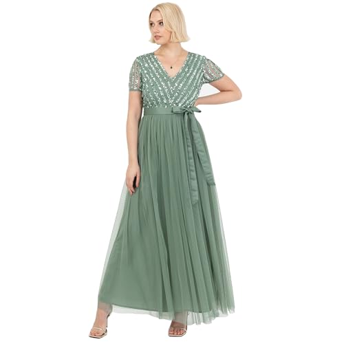 Maya Deluxe Damen Maxi Dress for Women Ladies Bridesmaid V-Neck Ball Gown Short Sleeves Long Elegant Empire Waist Wedding Brautjungfernkleid, Deep...