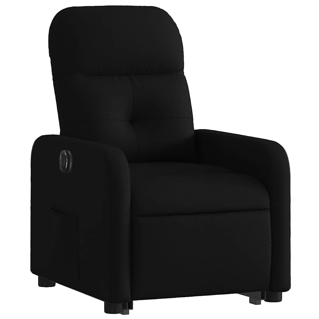 Sillón elevador reclinable eléctrico de tela negra con motor para elevación e inclinación hasta 135 grados, estructura estable y bolsillo lateral para máximo confort