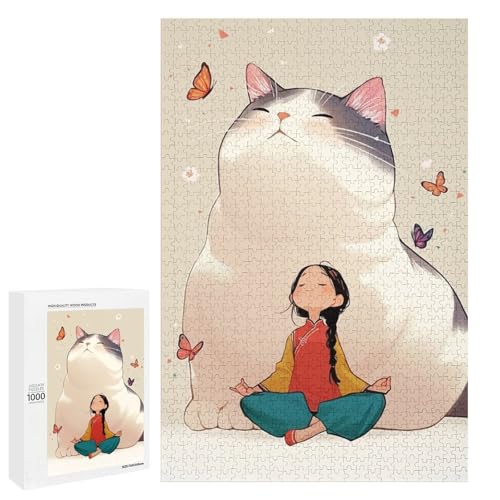 Puzzle 1000 pièces sans fausse pièce découpe de précision fille et chat géant