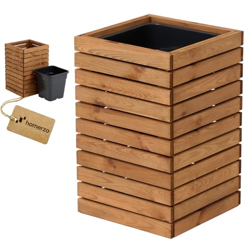 HOMERZO Pflanzkübel Holz – imprägniert wetterfest – mit herausnehmbarem Kunststoffeinsatz – Pflanztopf Blumenkasten für Balkon Garten Terrasse (Horizontal-braun 36x36 H55 cm)