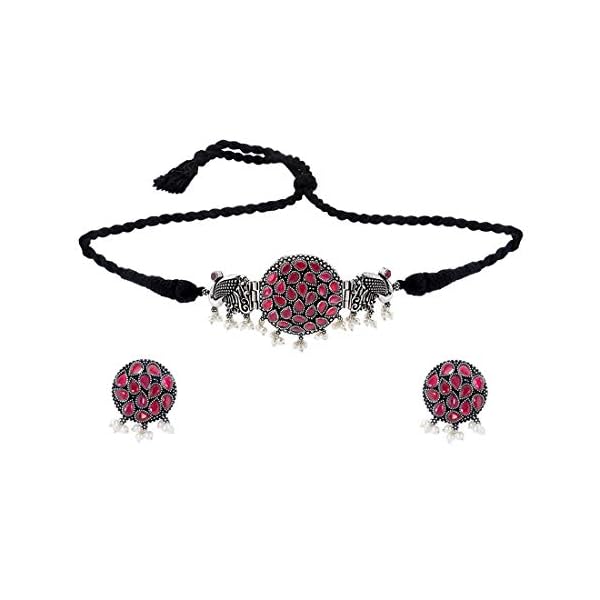 Yellow Chimes Traditional Silver Oxidised Jewellery Set Silver Choker Set | Threaded Peacock Shaped Stone Choker Necklace Set | Birthday Gift For Girls and Women Anniversary Gift for Wife