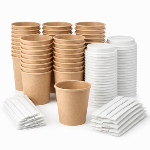 GASTROTOMI Vasos Desechables Café 180 ml, 200 Unidades con Tapa y Paletinas Enfundadas – Vasos de Cartón Desechables para Llevar, Resistentes para Bebidas Calientes, Hostelería y Eventos   Vasos Cafe
