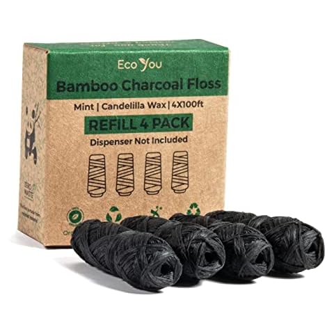 EcoYou Bamboo Charcoal Dental Floss | 4 Refills Pack | Mint & Candelilla Wax | Vegan & Biodegradable Cover