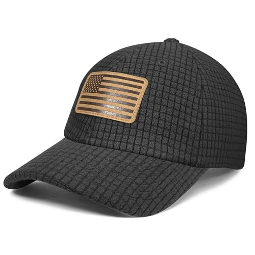 OUTDOOR SHAPING Grid Fleece Dad Cap with American Flag Embroidery & Leather Patch, Waffle Baseball Cap for Men Women Black/Leather Flag