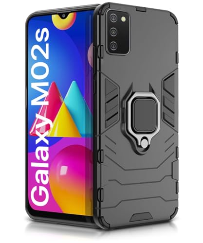 Image of WOW IMAGINE Shock Proof Back Case Mobile Cover for Samsung Galaxy M02s | F02s | A02s (Armor | Hybrid PC + TPU | Full Protection with Ring Holder Kickstand | Carbon Black)