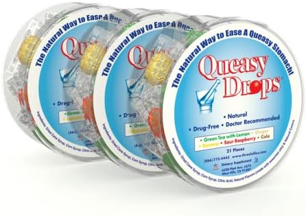 Queasy Drops | 3 Pack: 21 Drops Each | (Chemo, Motion Sickness, Hangover etc.) | Drug Free & Gluten Free | Five Flavors: Green Tea with Lemon, Ginger, Raspberry, Banana & Cola 21 Count