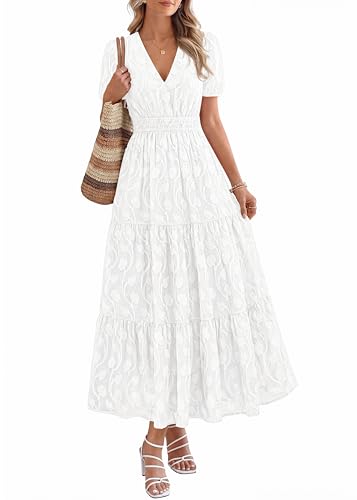 Image of KIRUNDO Summer Dresses for Women 2026 Boho Flowy Casual Short Sleeve V Neck Elastic Waist Floral Long Baby Shower Maxi Dress