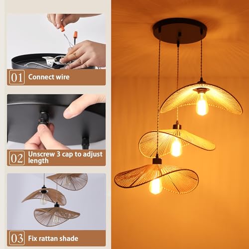 Garwarm Rattan Pendant Light Boho Hanging Light, 3-Lights Handmade Pendant Light Fixture Adjustable Farmhouse 3 Shade Chandelier for Living Room Dining Room Kitchen Bar coffee Foyer Hallway 41cm