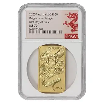2025 1 oz Australian Gold Dragon Bar MS70 NGC First Day of Issue