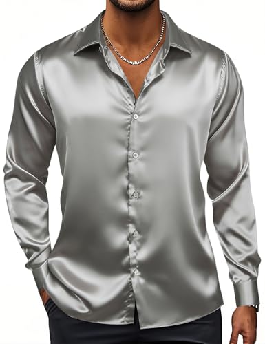 Image of Hi-Tie Men's Silk Satin Dress Shirts Long Sleeve Shiny Casual Button Up Shirts Luxury Party Disco Prom Wedding Shirt
