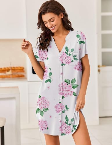 Image of Ekouaer Women V Neck Button Down Nightgown