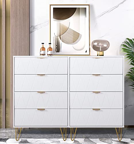 Anbuy 4 Drawer Dresser Set of 2, Drawer Chest for Bedroom with 8 Drawers, Tall Storage Dresser Cabinet Organizer Unit with Gold Legs for Bedroom, Living Room, Closet (White Set of 2)