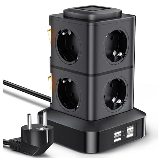 OLEKE Regleta Vertical Enchufes 2500W/10A Regleta Enchufe con 8 Tomas Corrientes y 4 Rápida USB Tomas Protección de Sobrecarga Cable de extensión de 3 Metros y Tapón de Seguridad