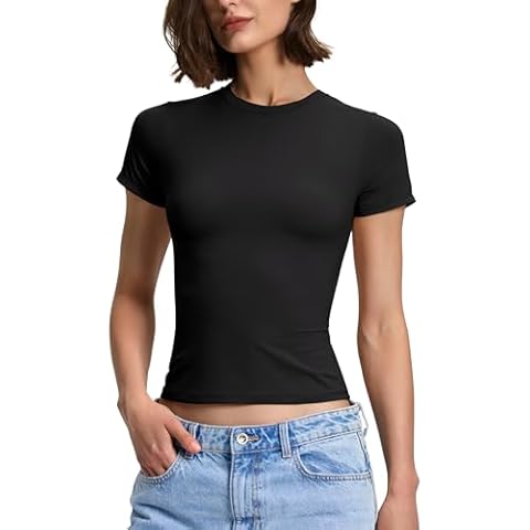 PrettyGuide Women Double Lined Short Sleeve Fitted Basic Tee Crew Neck Y2K Going Out T Shirt Black XL Cover
