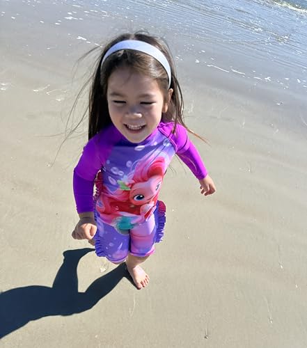 Purfeel Girls Mermaid Rashguard Swimsuit Sets Kids Long Sleeve One Piece Bathing Suit With Hat Upf 50+ Uv,Purple Ariel Sunsuit 5-6Years thumb #6