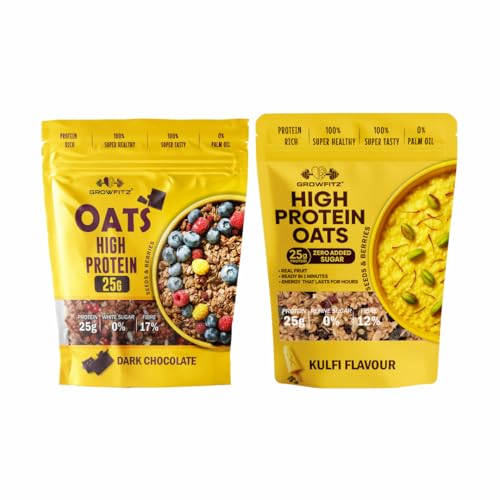 Image of GrowFitz 25g High Protein Oats 800 Gram, Pack of 2 | Chocolate & Kulfi Flavor Combo Breakfast Oatmeal | 17g High Fiber, Almonds, Raisin, Pumpkin, Chia Seeds, Super Rolled Oats | No Added Sugar