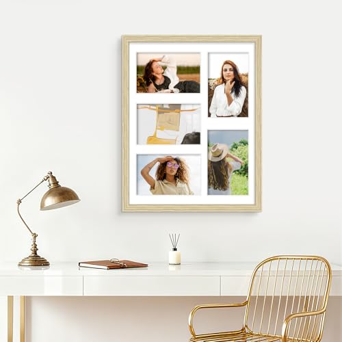 Image of DUENPY 11x14 Collage Picture Frame 4x6 Collage Picture Frame Displays Five 4x6 inch Photos or 11x14 (Without Mat) Wall Decor Wall Hanging or Tabletop Wood Color