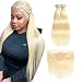 Queen Plus Hair 613 Blonde Hair 2 Bundles with Lace Frontal Closure 13x4 Ear To Ear with Baby Hair Straight Peruvian 613 8A Blonde Virgin Hair (12 12 with 12 Lace Frontal)
