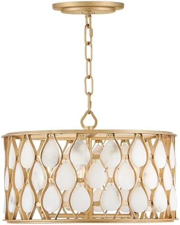 Fredrick Ramond Estie Medium Convertible Semi-Flush Mount Ceiling Light - Three Bulb, Natural Alabaster Stones, Latticework Design, Organic Style - Piastra Gold Finish
