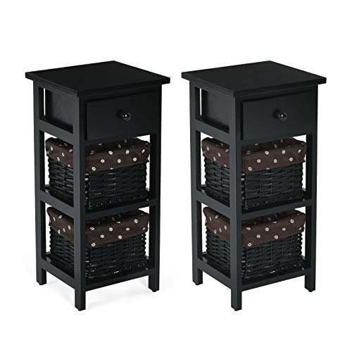 COSTWAY Mesita de Noche con Cajón y 2 Cestas de Almacenamiento Cajonera Mesa Auxiliar para Dormitorio