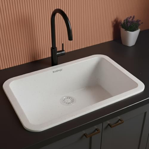 Image of BASINQU Quartz Sink for Kitchen | 24x18x9 Inches Rosa Single Bowl Sink For Kitchen Basin Round Corner Kitchen Sink | Granite UV Protected Scratch Resistant, Undermount /Topmount Kitchen Sinks