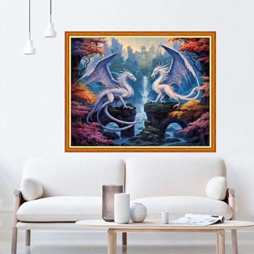 Image of Dooxvey Cross Stitch Kits for Adults Beginners - Full Range of Stamped Kits - 11CT Cross Stitch Patterns - Two Dragon Waterfalls - 16x20 inch