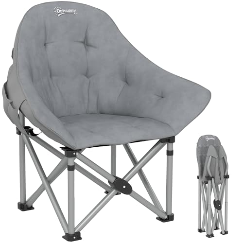 Outsunny Chaise Pliante Camping, Chaise de pêche Portable et légère, siège rembourré, Poches latérales et Sac de Transport, Fauteuil Pliant pour randonnée, pêche, Plage et Pique-Nique, Gris foncé