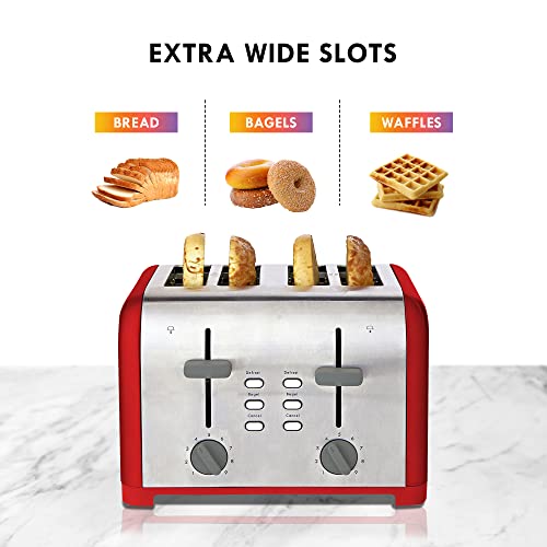 Kenmore Toaster 4 Slice - Extra Wide Slot Countertop Kitchen Appliance, Defrost Function, Grille-Pain, 9 Shade Settings, Compact Design, Easy Clean Crumb Tray, Bread Bagel, Stainless Steel & Red by Koolatron - Image 5