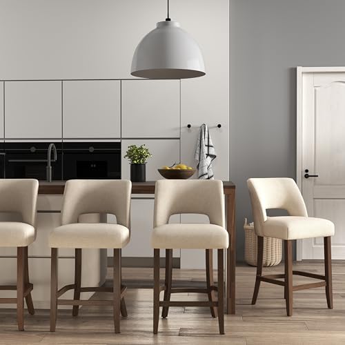 VKNOW Bar Stools Set of 4,Upholstered Counter Height Bar Stools,Modern Counter Stools with Wood Legs for Kitchen Island Dining Room Bar,Beige