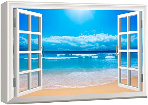 wall26 Canvas Print Wall Art Window View Landscape Bright Blue Beach Nature Wilderness Photography Modern Art Rustic Scenic Colorful Multicolor for Living Room, Bedroom, Office - 12"x18"