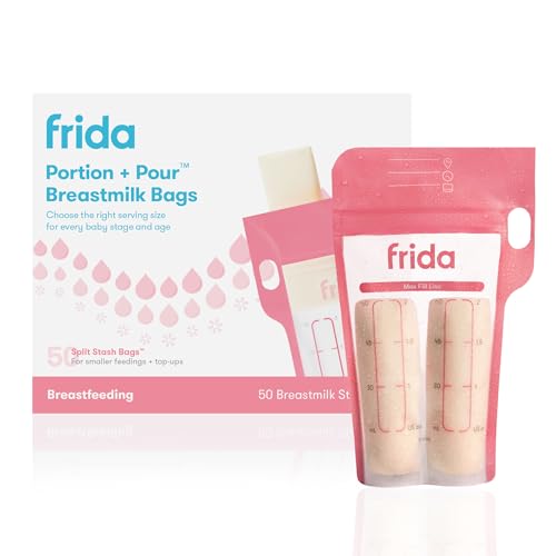 Frida Mom Breastmilk Storage Bags, 50ct Splitstash Freeze & Thaw Milk Bags for Breastmilk, Splits Bag into Two 2oz Portions, Leakproof Seal, Perfect Pour Spout, No Slip Finger Grip, BPA Free, 4oz Bag