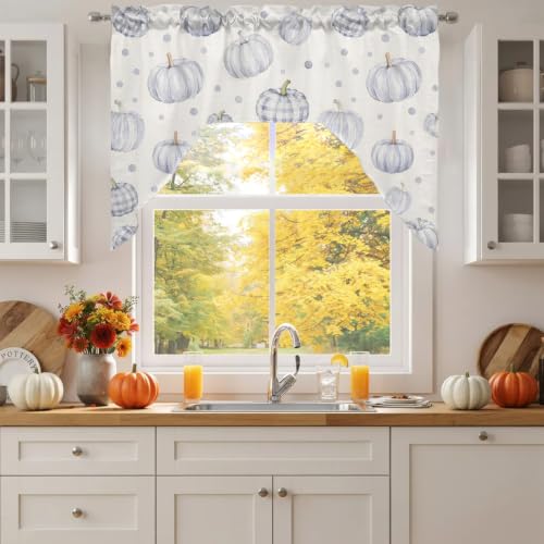 Blue Pine Tree Swag Valances for Kitchen Window, Blue Rolling Hills Willow Trees Forest Clouds Fog Small Swag Valances Rod Pocket Curtain Drapes Window Treatment for Bedroom Bathroom, 56x36 Inch