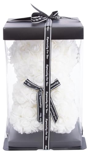 Brandsseller Osito de Rosas Artificiales 25x16 cm – Oso Hecho a Mano con Flores de Seda, Regalo Romántico para Cumpleaño, San Valentín, Día de la Madre – con Caja de Regalo incluida – Blanco