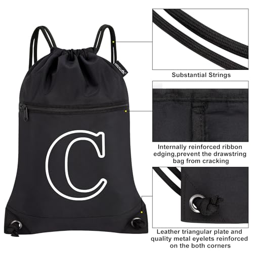 Image of HOLYLUCK Drawstring Bags Initial Backpack Sackpack Cinch Bags for Sports, Gym, Travel, Beach(Black-C)