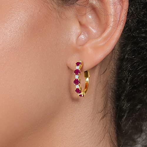Gem Stone King 18K Yellow Gold Plated Silver Red Created Ruby Hoop Earrings For Women (2.74 Cttw, Round Cut, 1 Inch Diameter) #TOP2