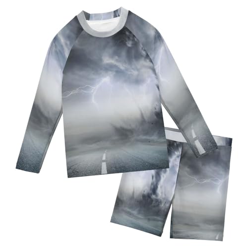 Aflyko Kids' Bathing Suit Set Tornado Lightning Long Sleeve Swim Tops with Shorts Summer Vacation Pool Party Rashguard Fun Cute Infant Beachwear, 4T Multicoloured