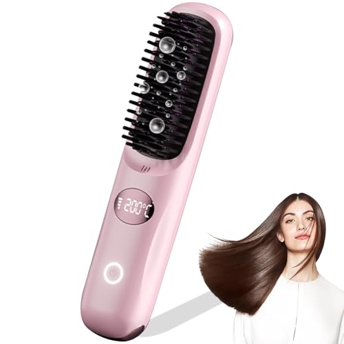 Kabellose Haarglätter Bürste - 3 Temperaturstufen, professionelle Keramikbeschichtung, Ionentechnologie - 160°C-200°C - Multifunktionale Stylingbürste für glattes Haar, perfekte Locken (Rosa)