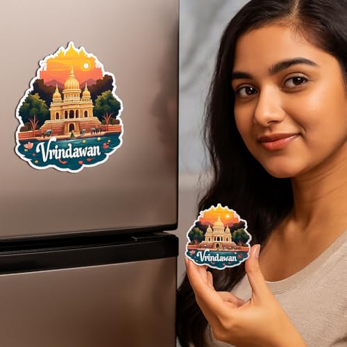 Image of Naxon Vrindavan Theme Souvenir Wooden Fridge Magnet for Refrigerator - Printed Fridge Magnet for Kitchen & Home Decor | Perfect Souvenir Gift | Size 3x3 in | Pack of 1