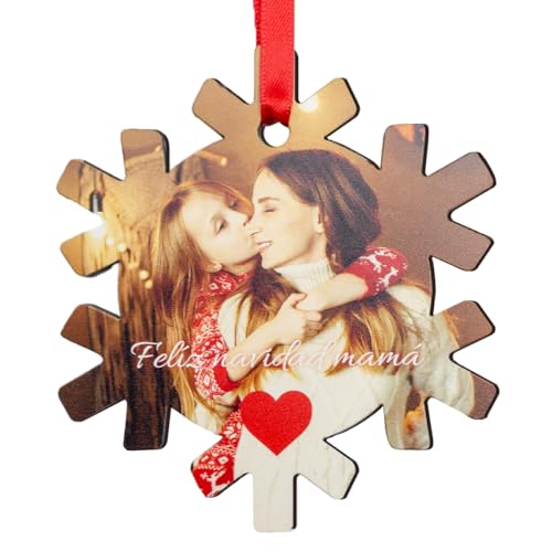Adorno de Navidad Personalizado en Árbol Colgante Navideño Copo de Nieve de Madera con Foto o Nombre, impresión UV 2 Caras Decoración Navideña Regalo Original | MSO