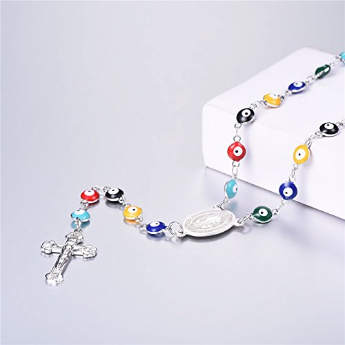 U7 Women Mens Stainless Steel Link Colorful Evil Eye Beaded Rosary Necklace With Crucifix And Medal #TOP2
