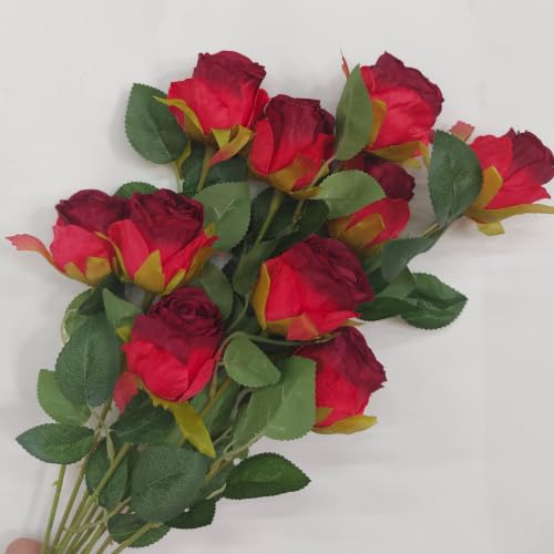 HZYZZYQ Artificial Red Roses 10 Pcs, Single Stem Silk Fake Roses