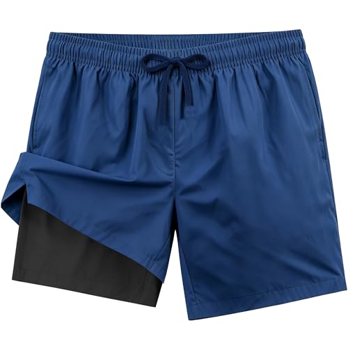 Mens Swim Trunks 2 in 1 Swimming Board Shorts with Pockets Quick Dry Bathing Suits for Beach Water Sports Navy