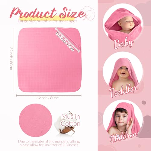 Image of Preboun 4 Pcs Muslin Hooded Baby Towels,32 inchx 32 inch Cotton Newborn Bath Towel Muslin Infant Baby Blankets Absorbent Unisex Newborn Registry Gift for Girls Boys(Pink Series)