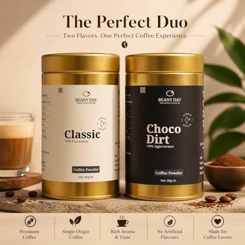 Image of Free Frother | Beany Day Instant Coffee Duo - Choco Mocha Dirt (100% Agglomerated) & Classic 100% Pure Arabica (80g x 2) | No Chicory | Strong Cafe-Like Taste at Home